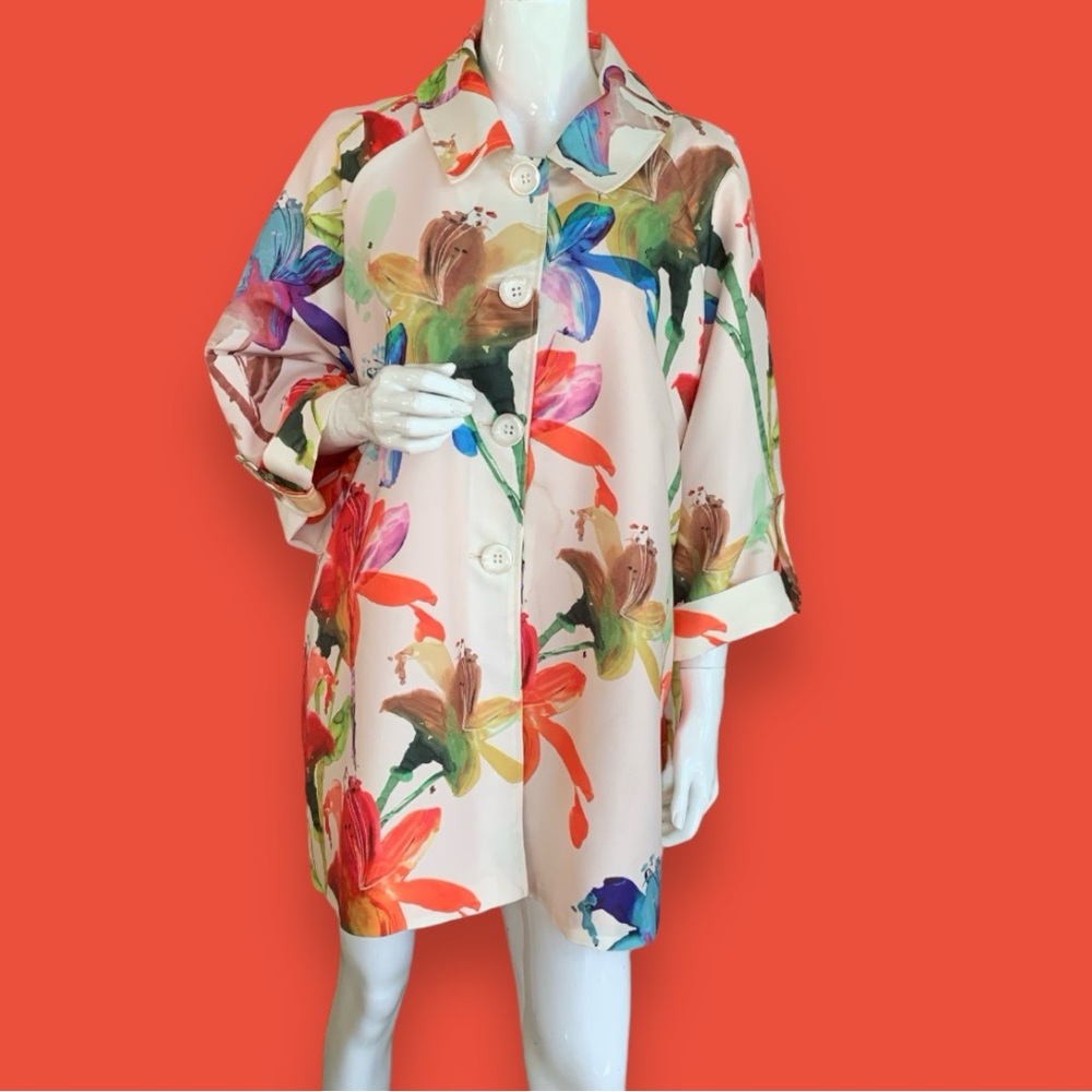 OLI & SOPHIA OFF WHITE SUMMER SPRING DRESSY COAT BRIGHT FLORAL PRINT. WOMEN XL